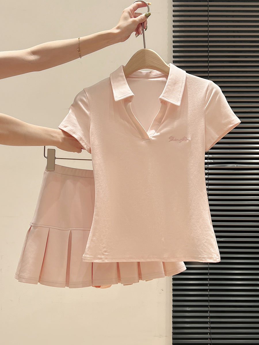 Pink polo collar short-sleeve slim-fit T-shirt for women pleated half-length skirt by eprolo