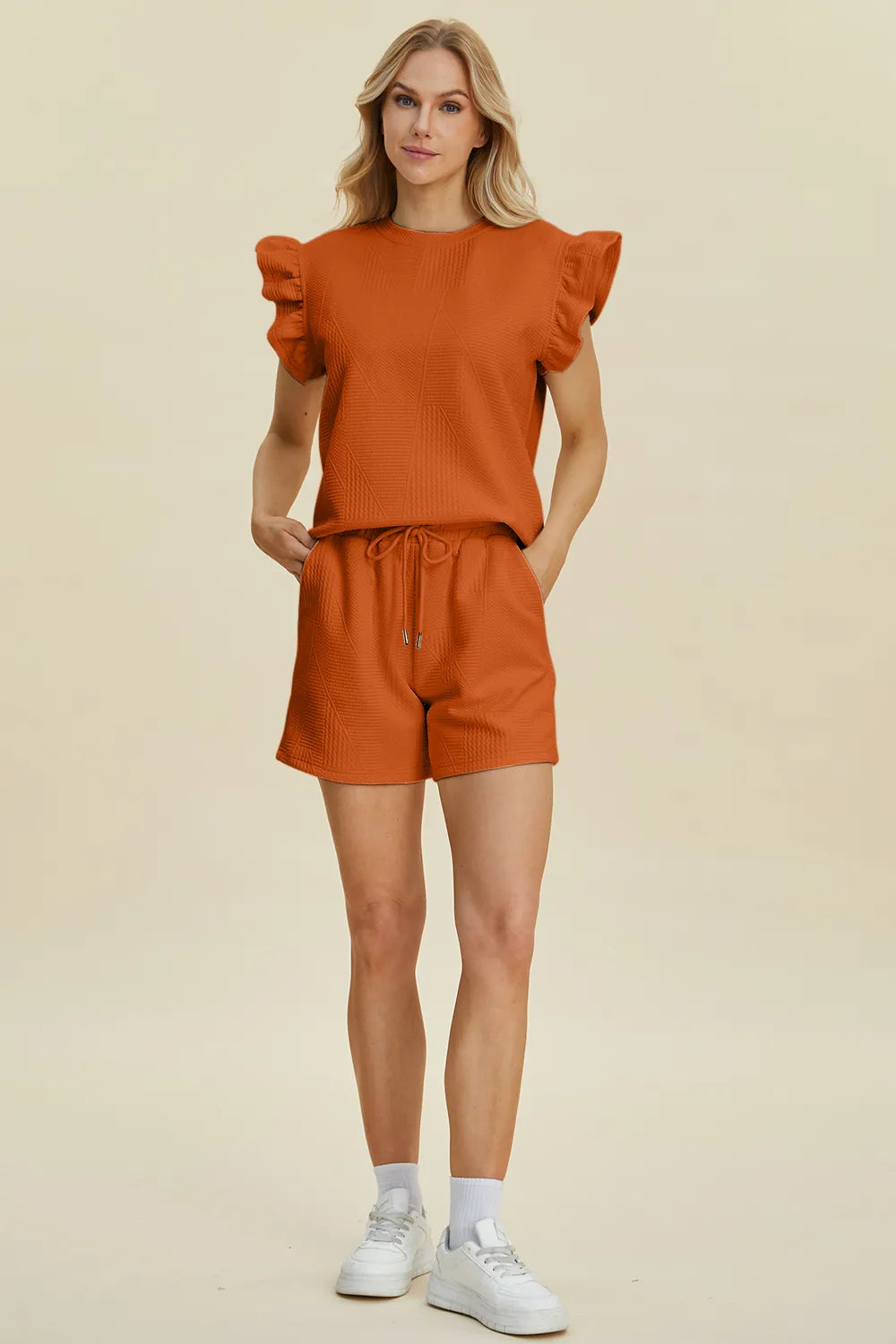 Double Take Full Size Texture Round Neck Ruffle Sleeve Top and Shorts Set by Trendsi