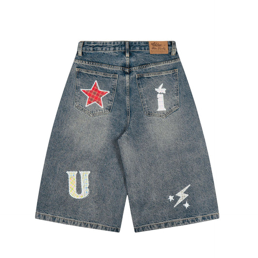 American-style Retro Plaid Patchwork Denim Shorts For Women