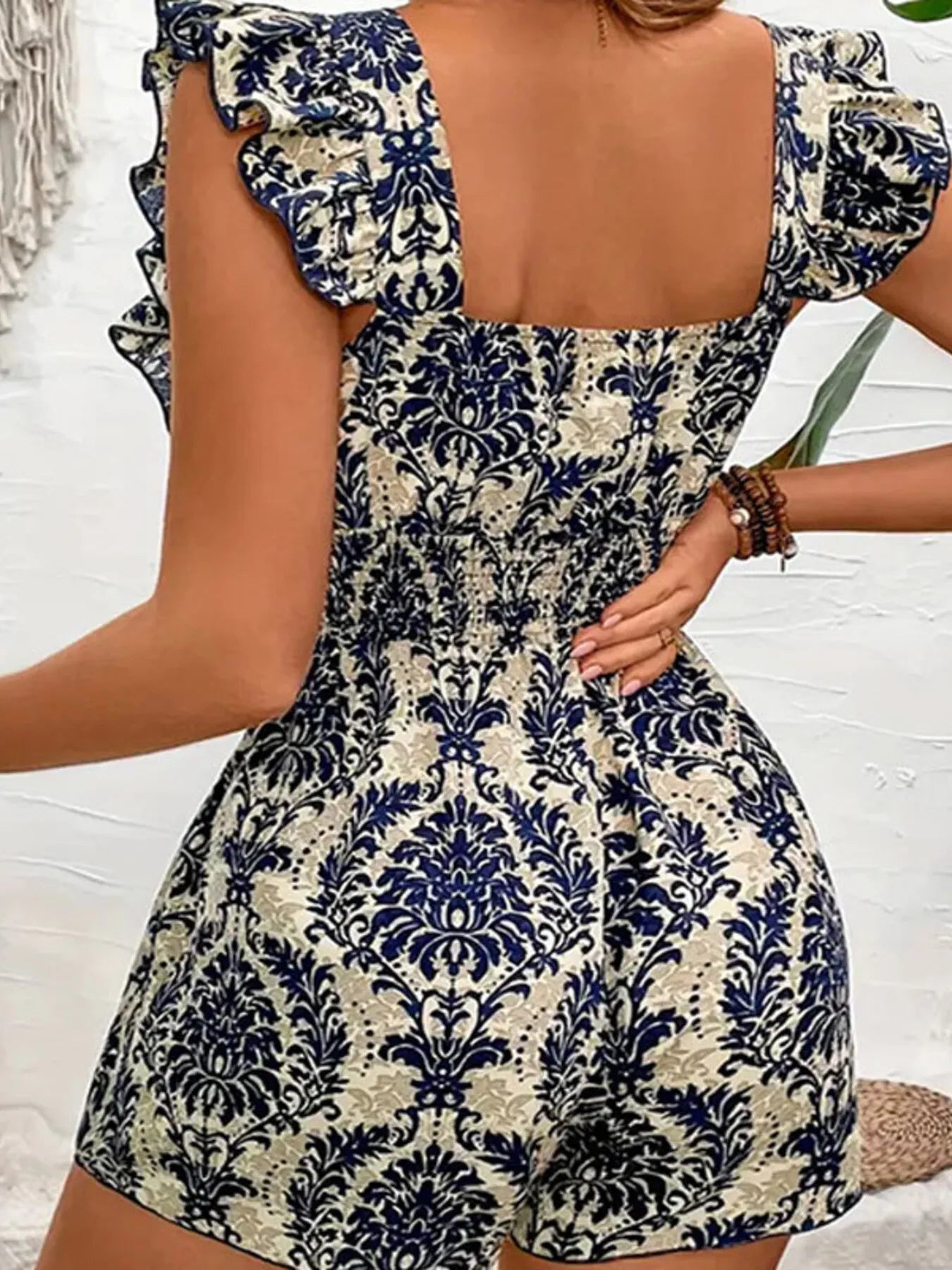 Ruffled Printed Square Neck Romper by Trendsi