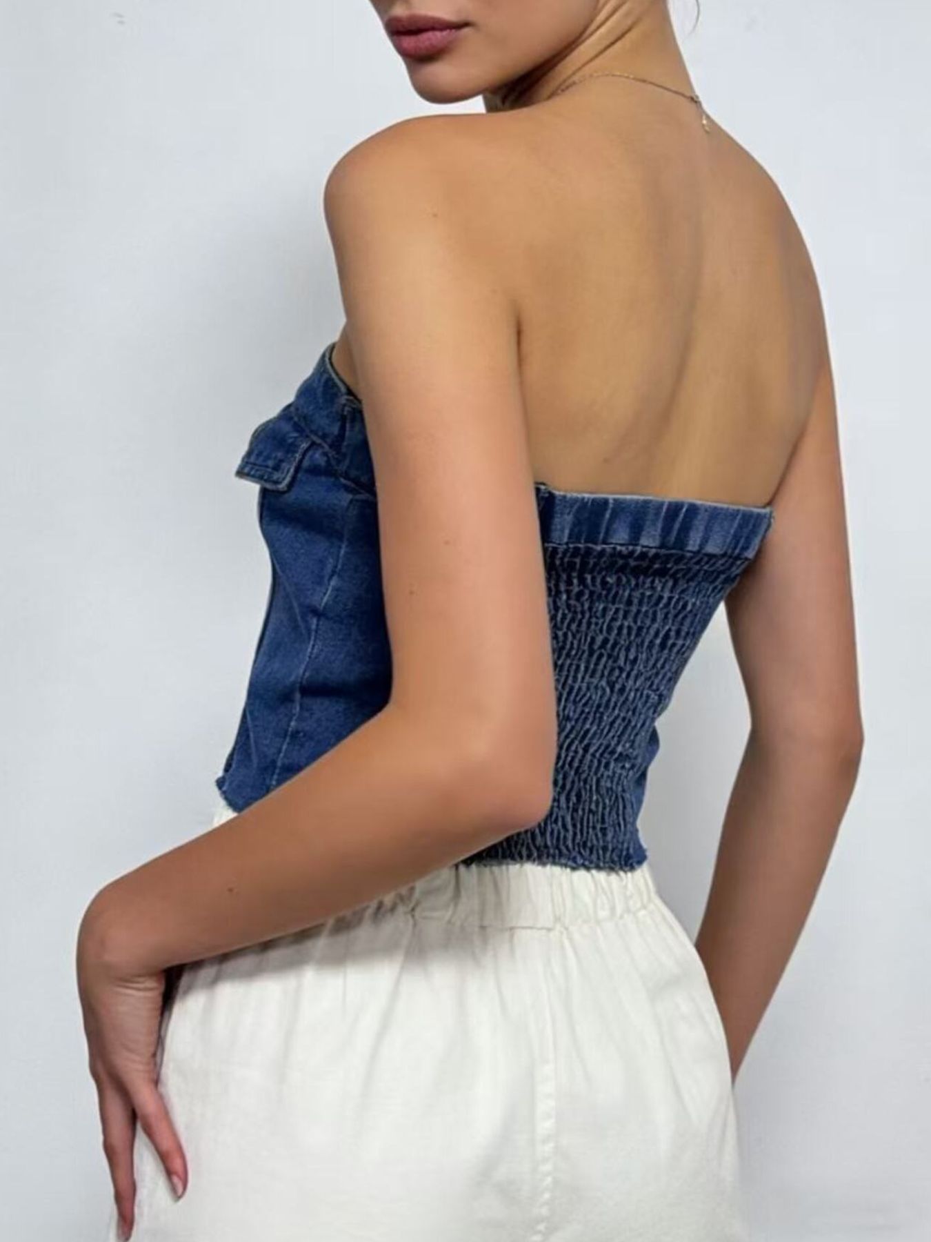 Button Front Denim Tube Top by Trendsi