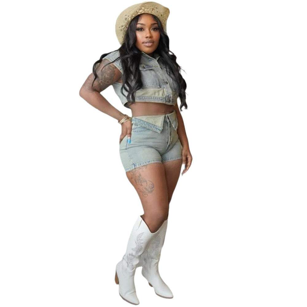 Women's Casual Washed Color-Blocked Short Sleeve Top with Turn-Up High-Waisted Jeans Set by eprolo
