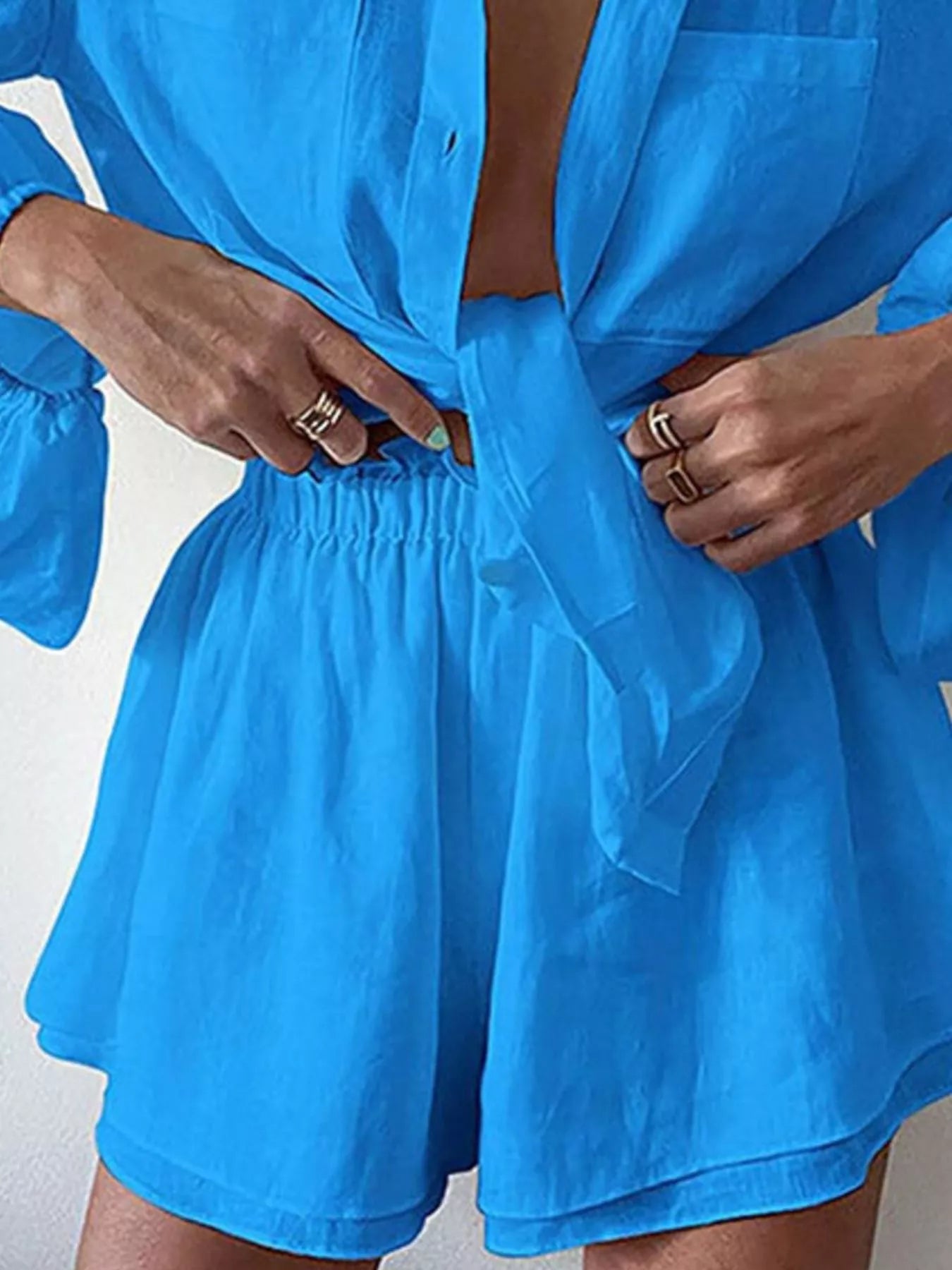 Button Up Long Sleeve Shirt and Shorts Set by Trendsi