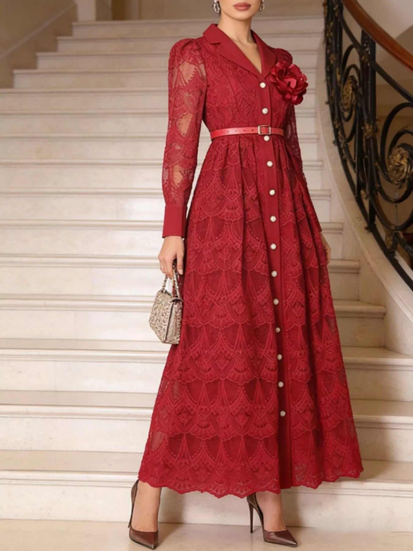 Lace Button Front Midi Dress by Trendsi