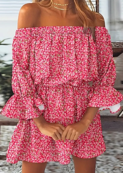 Boho Leaf Graphic Print Off Shoulder Dress, Sexy Backless Ruffle Sleeve Dress For Spring & Summer, Women's Clothing by Royal Closet