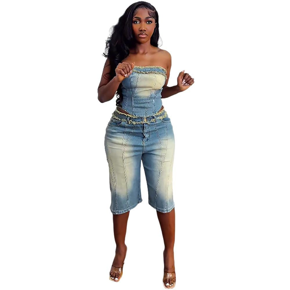 Women's Fashion Denim Set with Raw Hem Crop Top and High-Waisted Denim Shorts by eprolo
