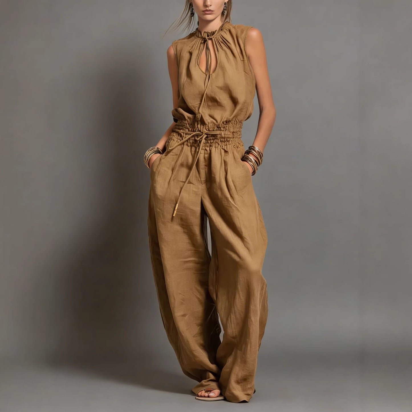 Womens Waist-Cinching Wide-leg Jumpsuit by Royal Closet