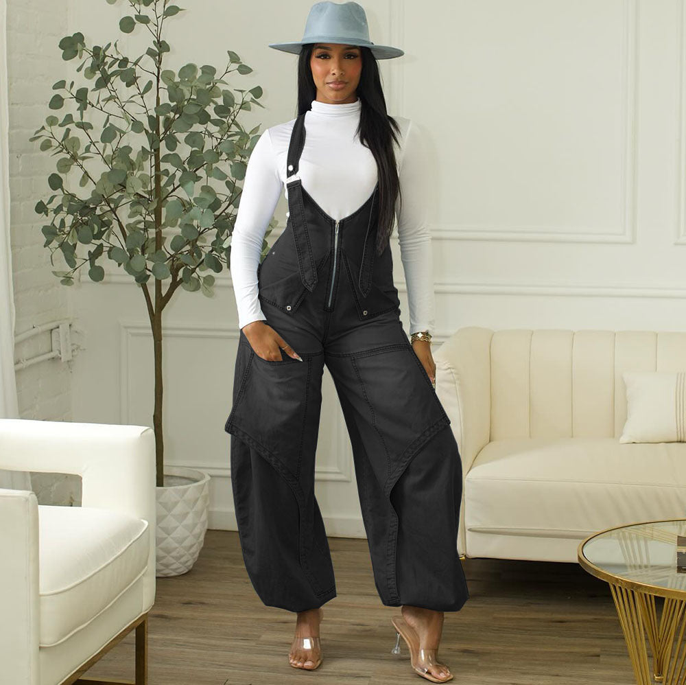 Women's Denim Overalls Street Casual Zipper Wide-Leg Jumpsuit by eprolo