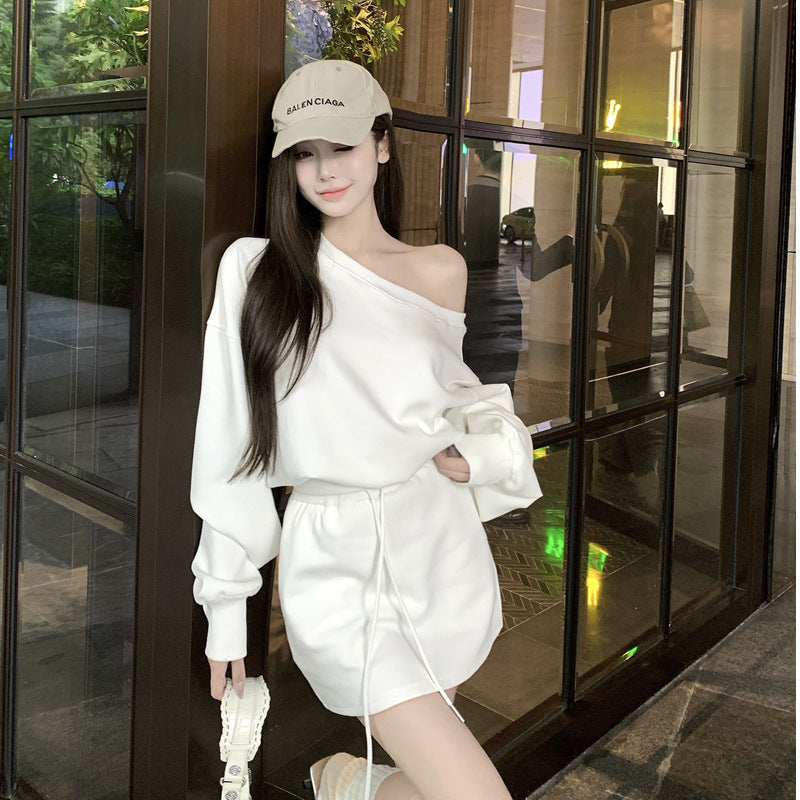 Loose Fitting Casual Off-shoulder Long Sleeve Top And Pleated Midi Skirt Set by Royal Closet