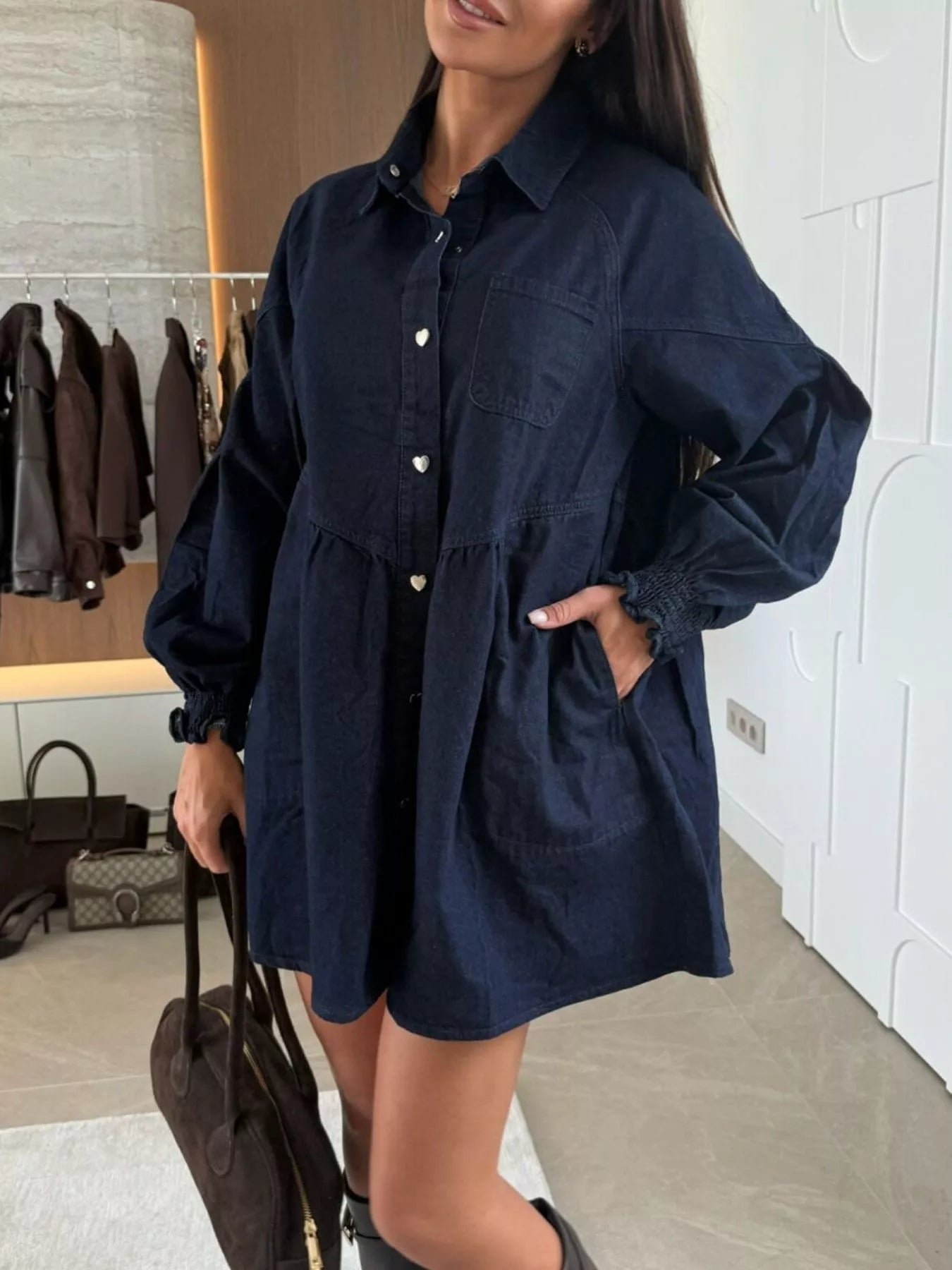 Button Down Mini Denim Dress with Front Pockets by Trendsi