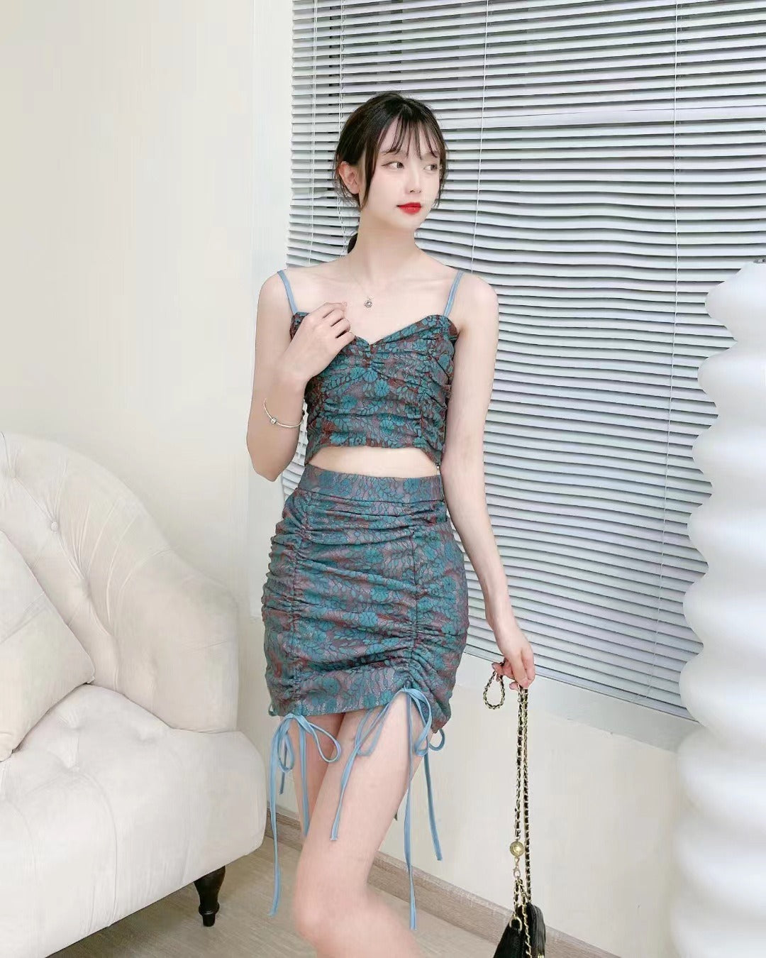 European and American Style Sexy Womens Lace Two Piece Hooked Flower Strap Top High Waist Drawstring Wrapped Hip Half Skirt Set by eprolo