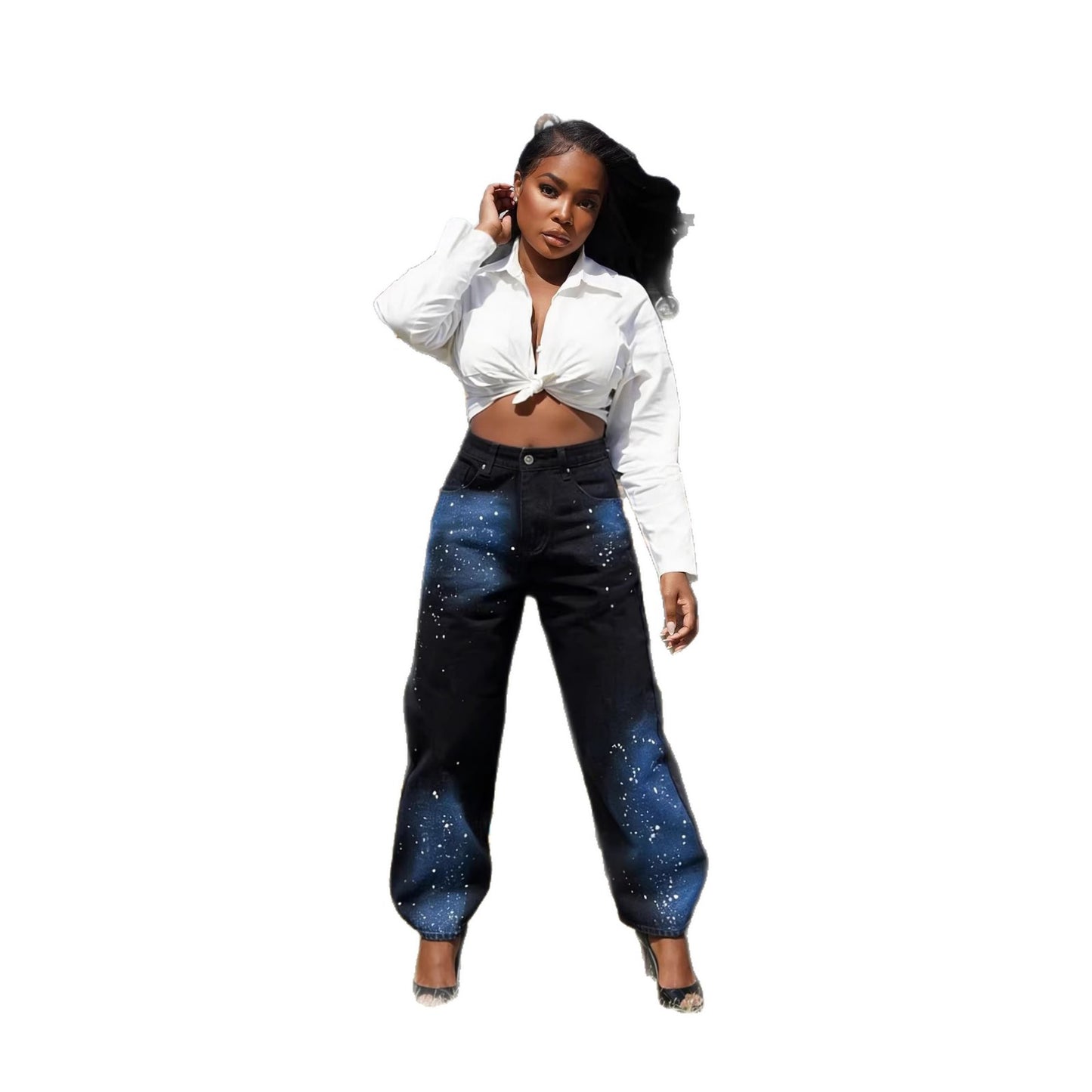 Streetwear Starry Blue Graffiti Print Straight Leg Jeans by eprolo