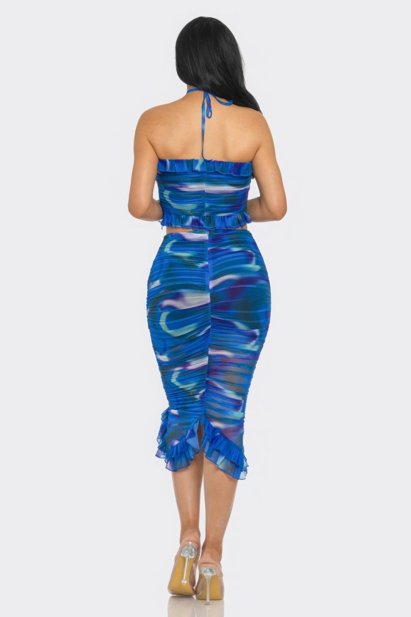 Tropical Waters Print Mesh Ruffle Halter Skirt Set by Royal Closet