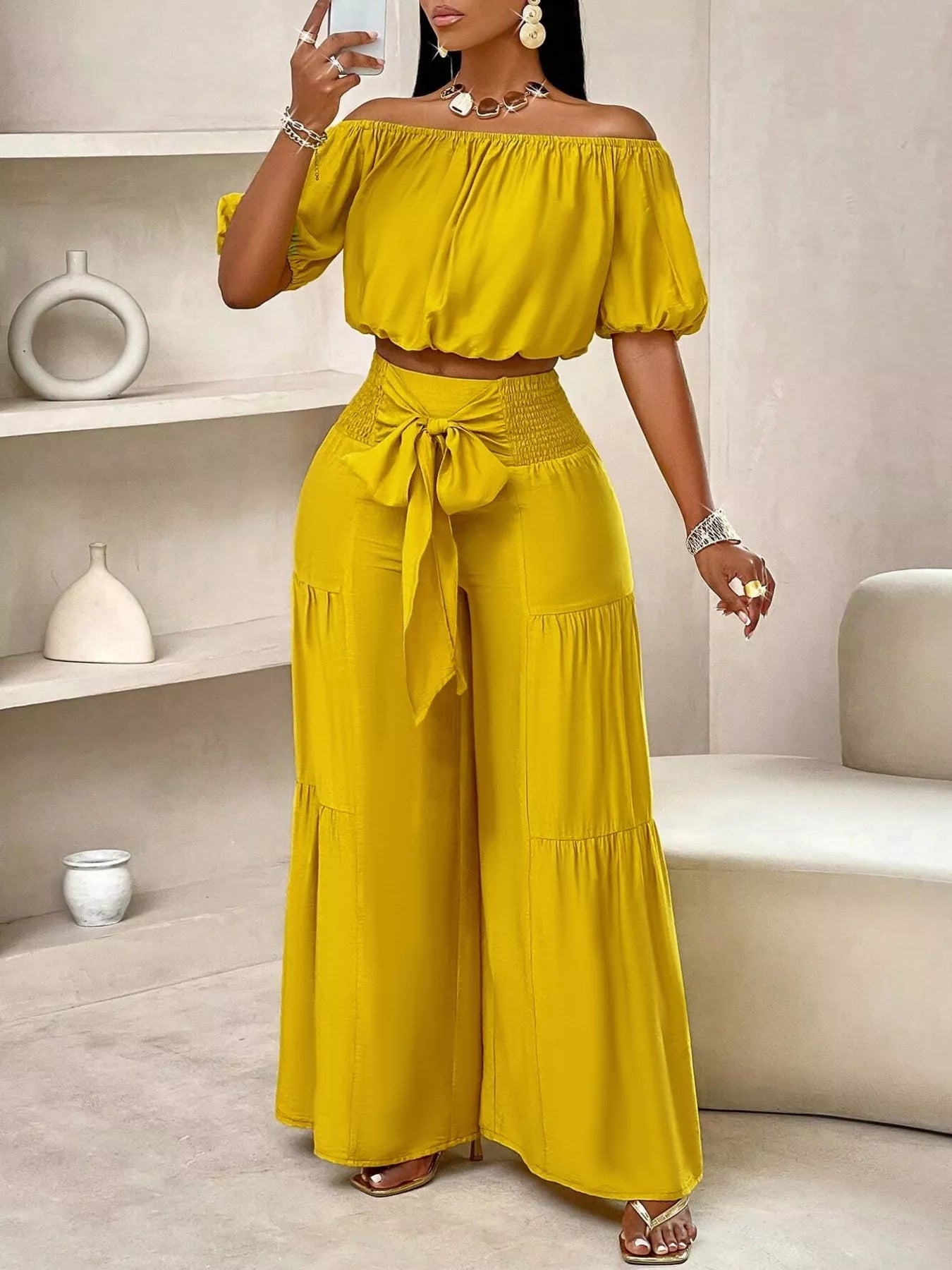 Womens Off-Shoulder Crop Top and Ruched Wide Leg Pants Set by Trendsi
