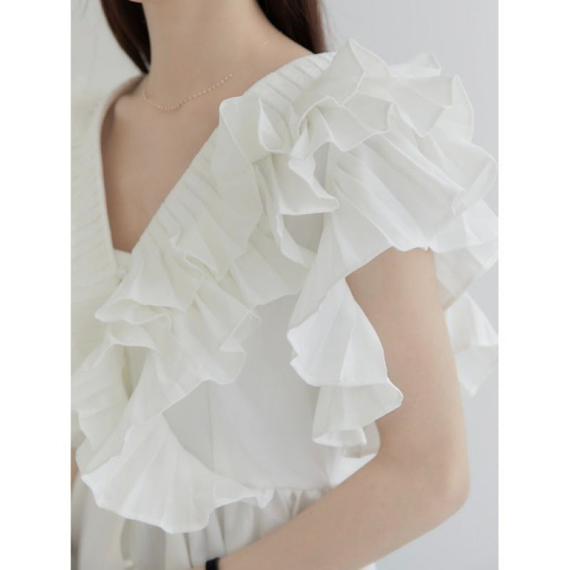 Womens Single-breasted Ruffled Pleated Short Blouse by Royal Closet