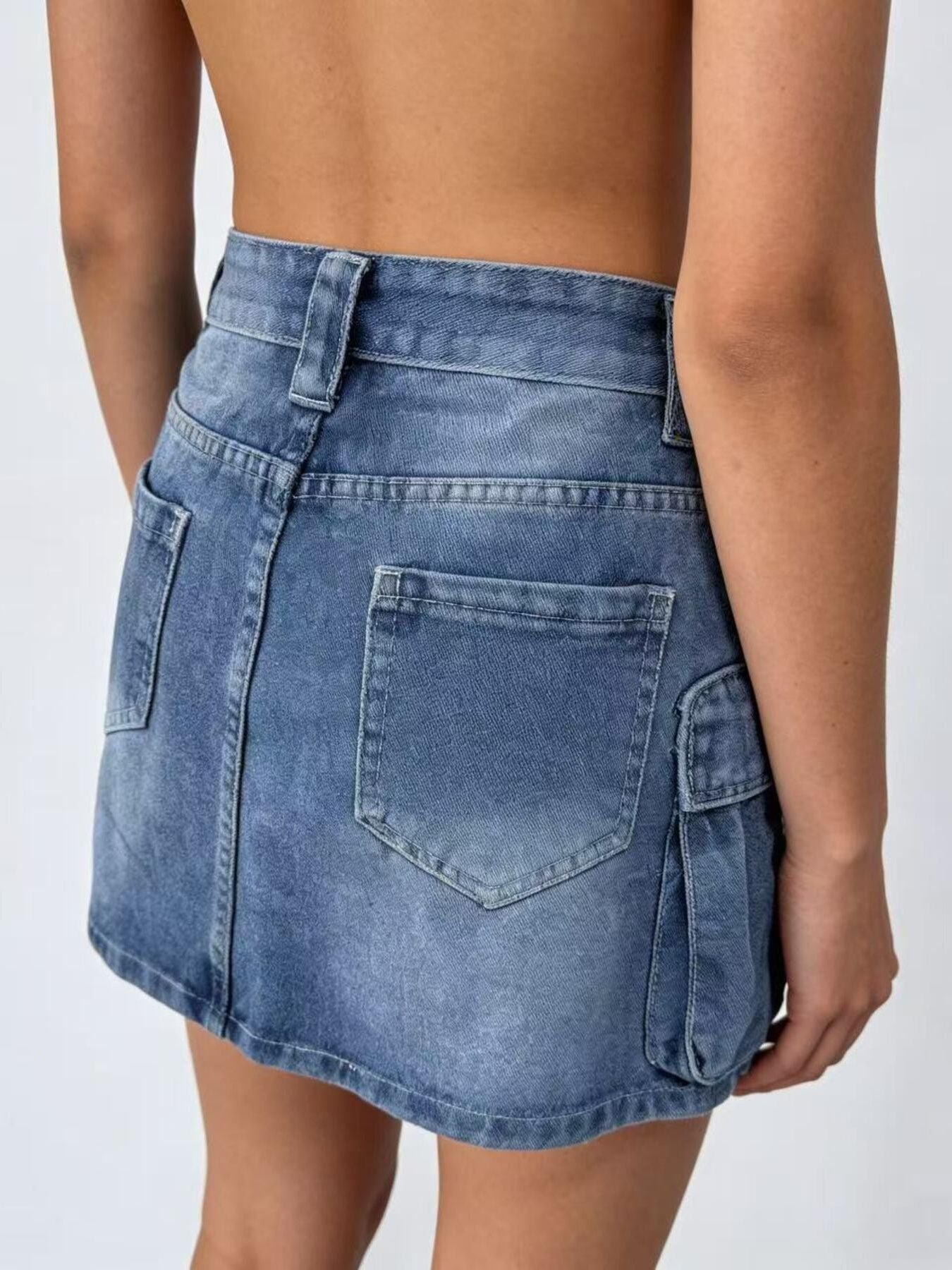 Washed Cargo Denim Skirt by Trendsi