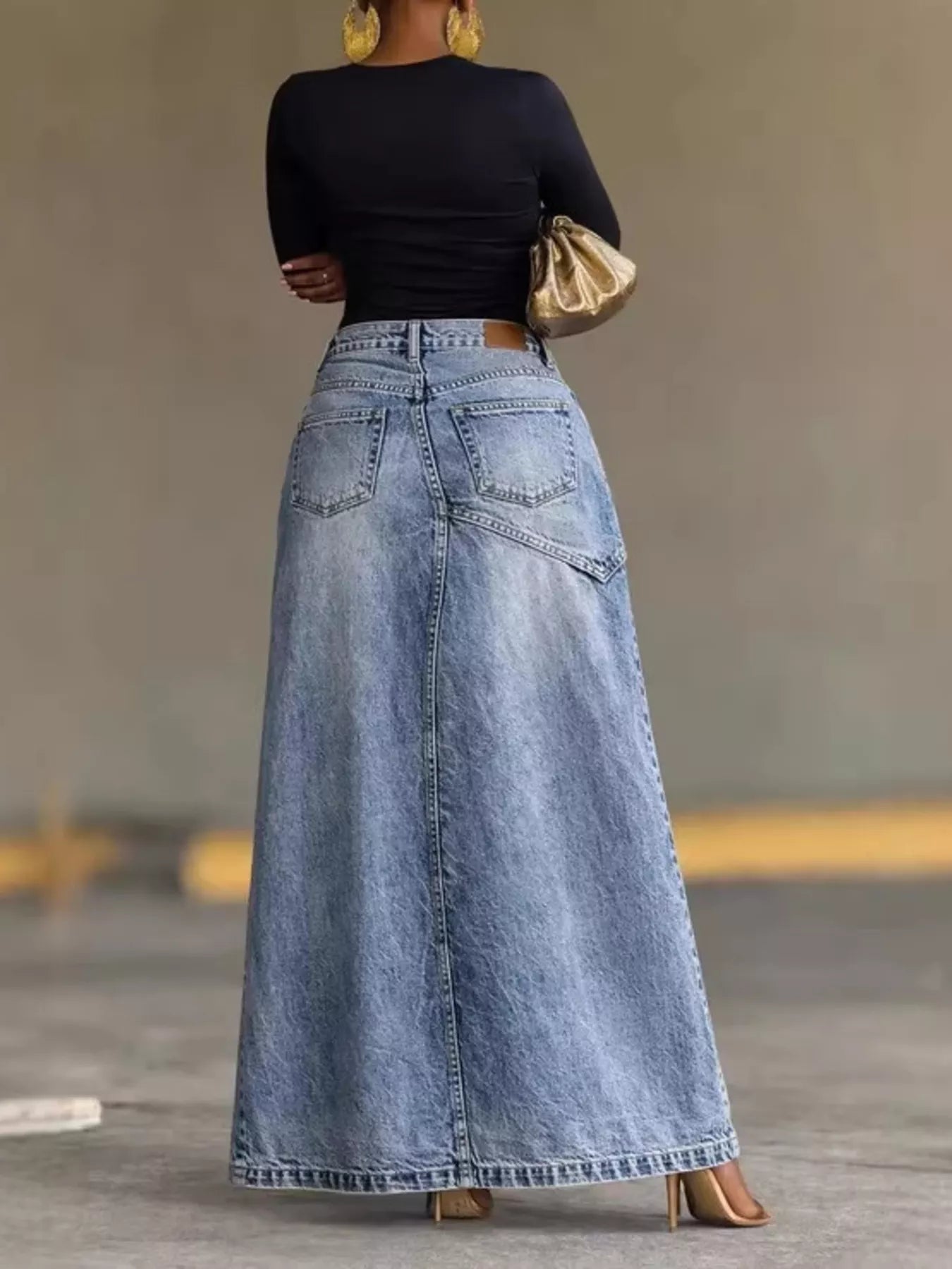 High-Waisted Slit Denim Skirt by Trendsi