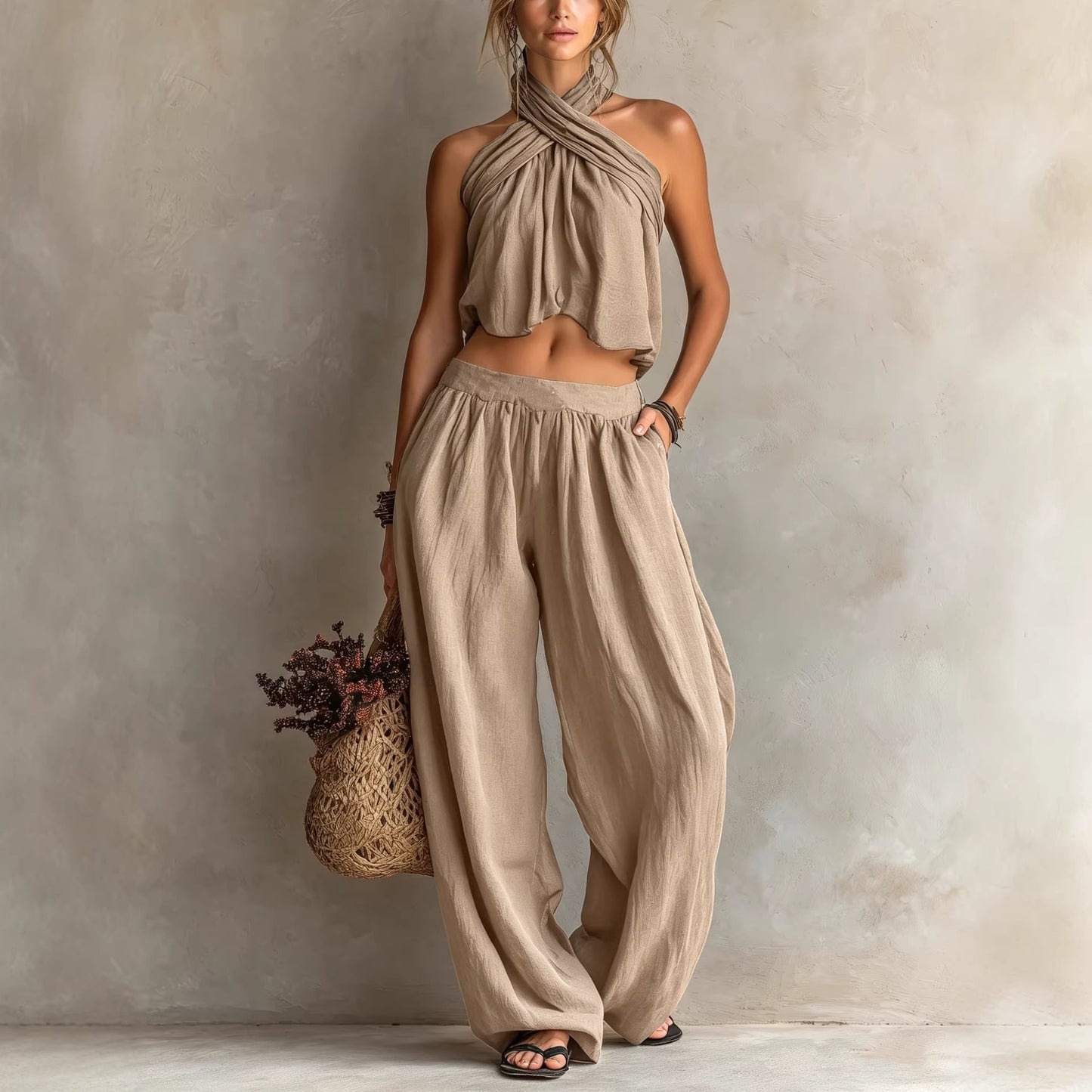 Womens Loose-Fit Sleeveless Top And Wide-Leg Pants Two-Piece Set by Royal Closet