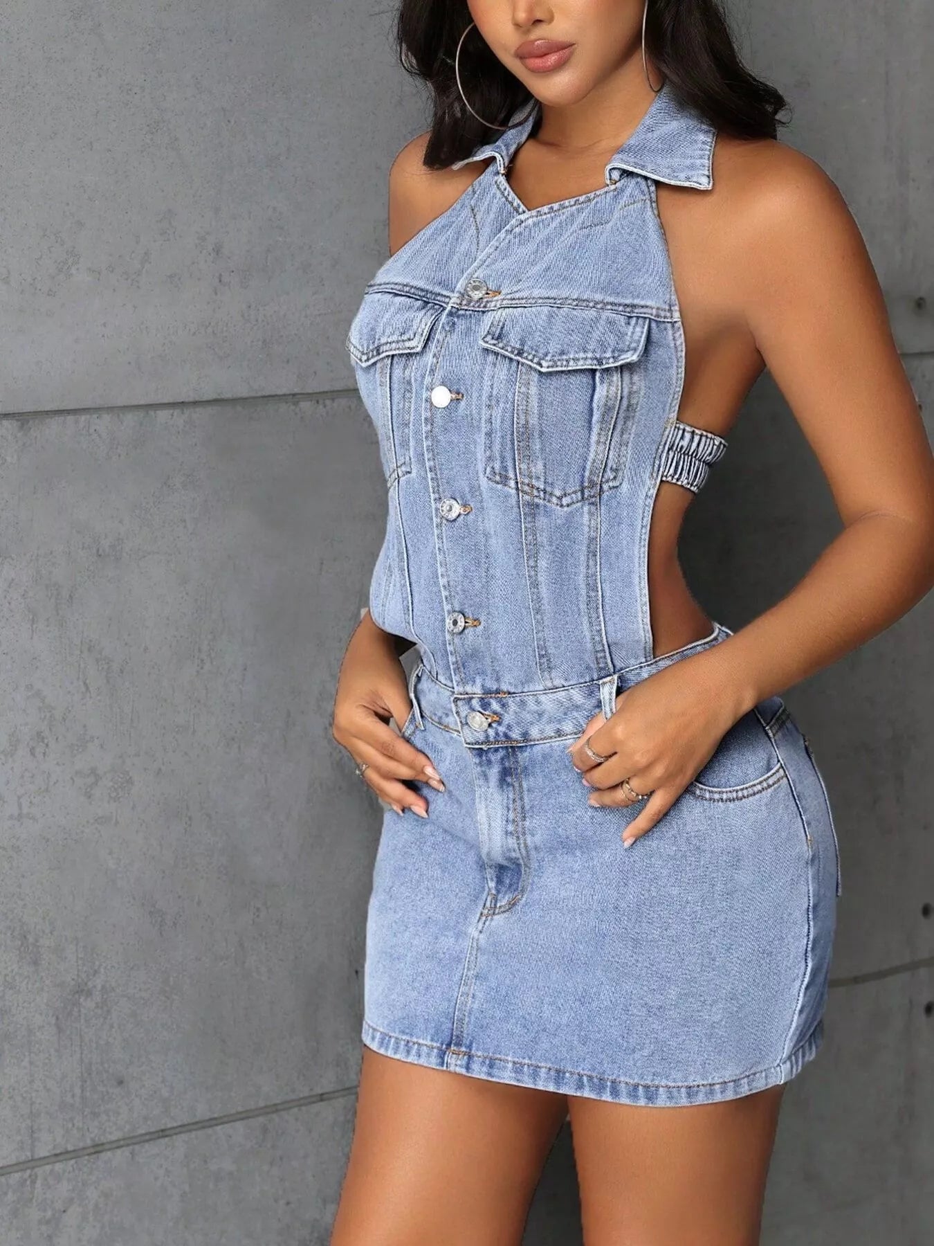Backless Sleeveless Button Front Denim Mini Dress by Trendsi