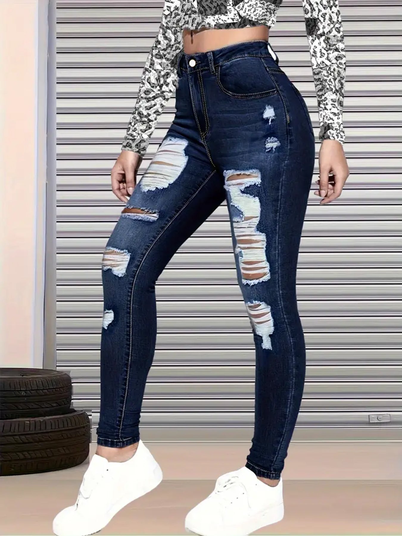 New Womens Ripped Nine Quarter Cut Jeans by Royal Closet