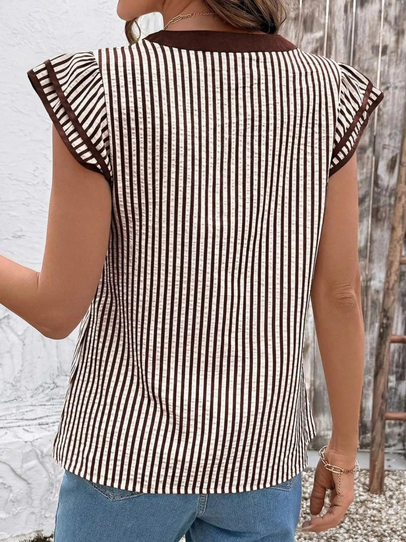 Striped Ruffle Sleeve Blouse by Trendsi