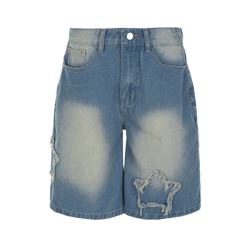Women's Casual Denim Cropped Pants With Star Patches by Royal Closet