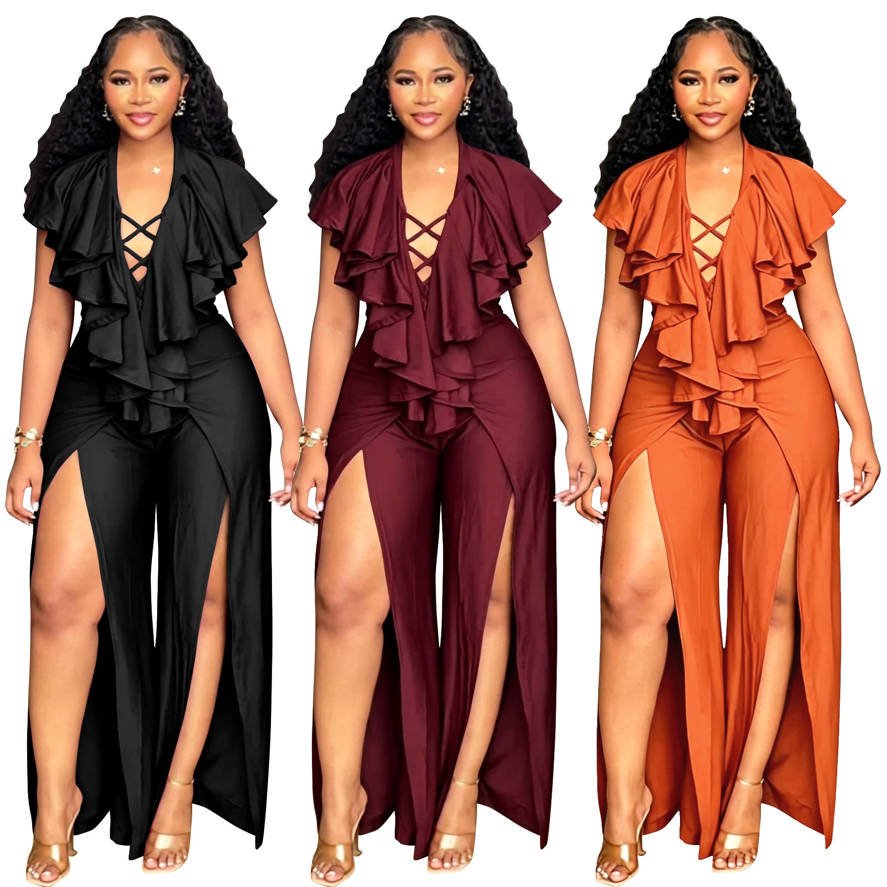 Womens Summer Ruffle-trimmed Wide-leg Split Jumpsuit by Royal Closet