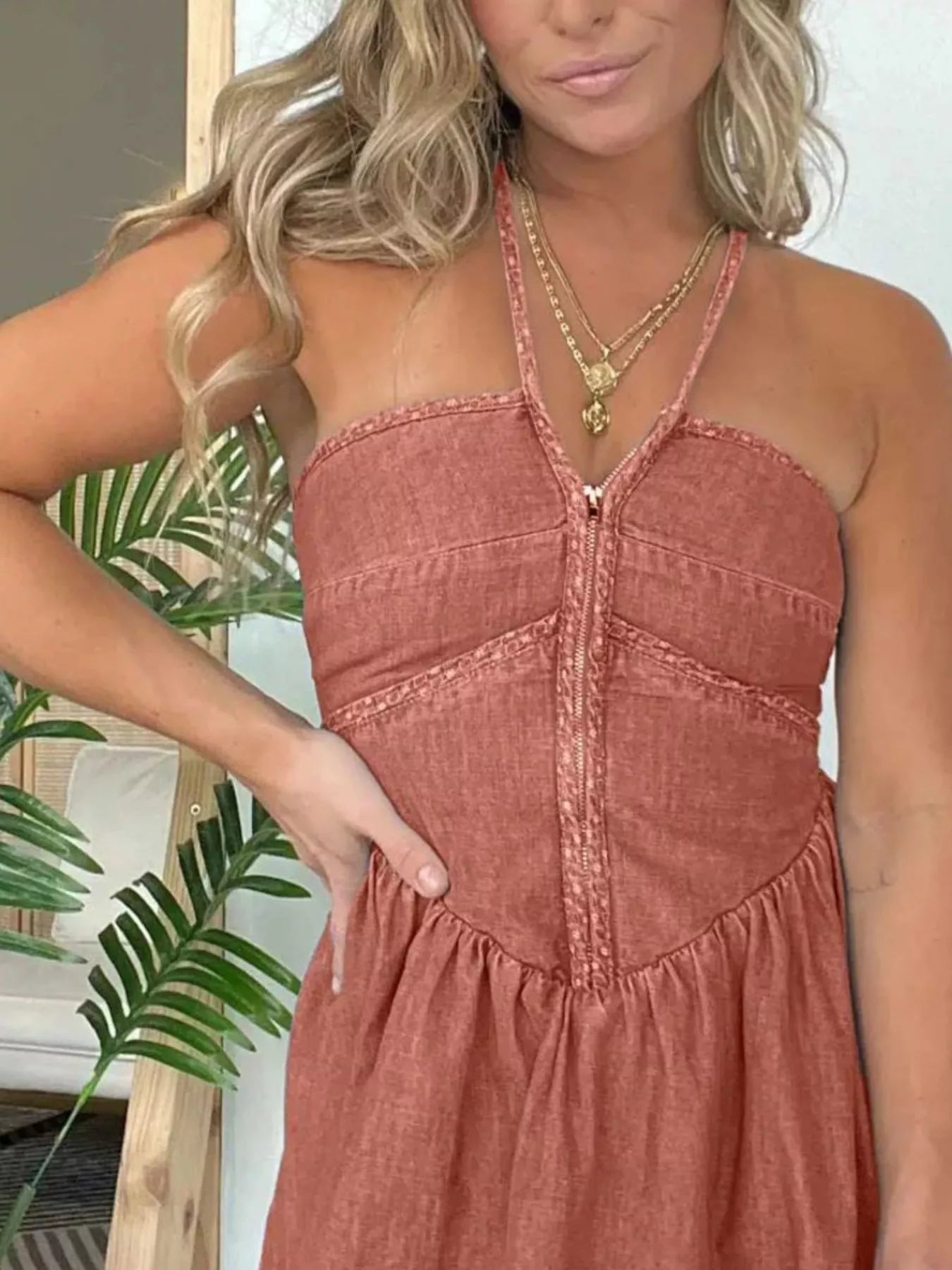Full Size Denim Halter Neck Mini Dress Plus Size by Trendsi