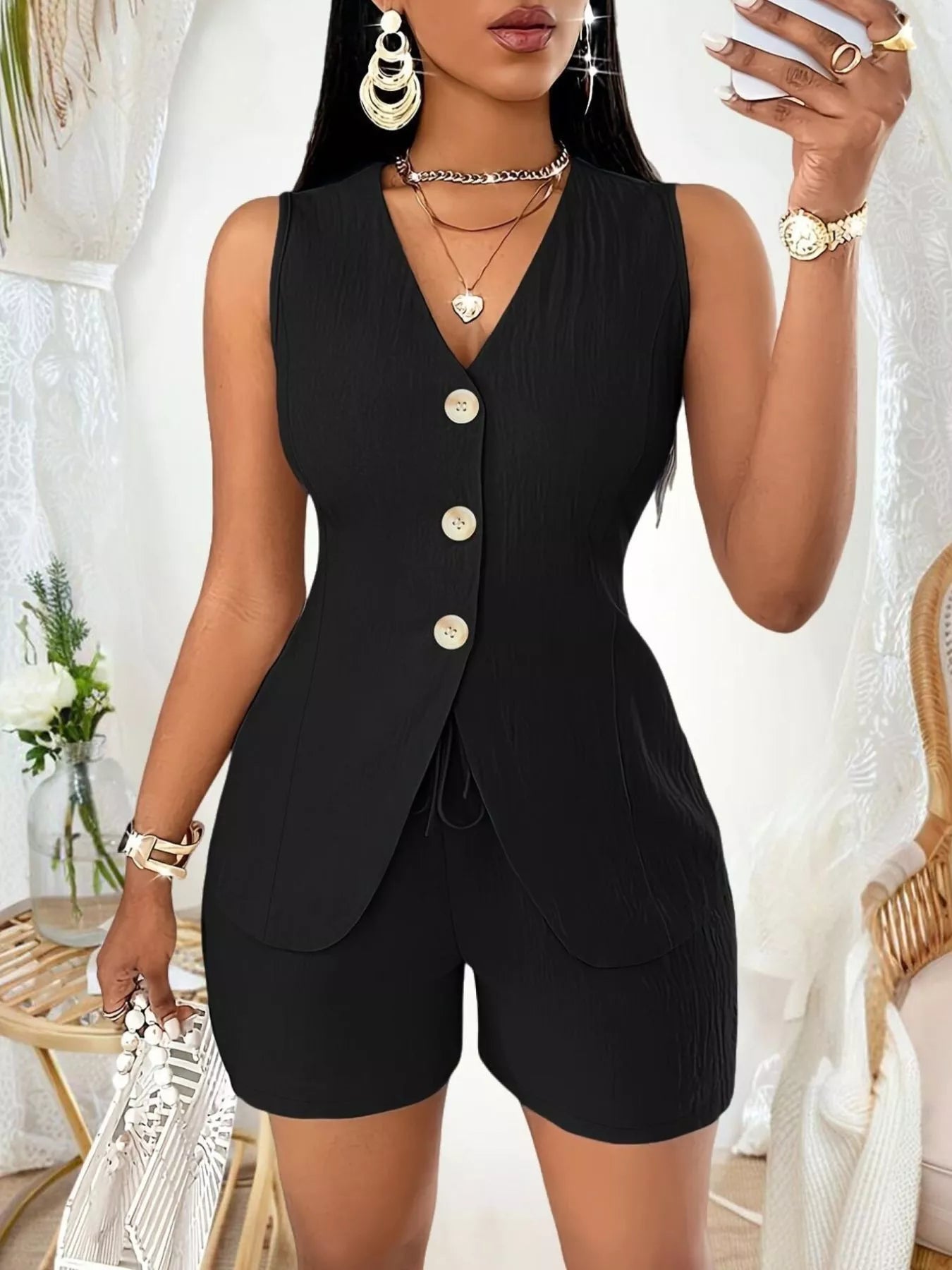 Sleeveless Button-Down Vest & Shorts Set by Trendsi