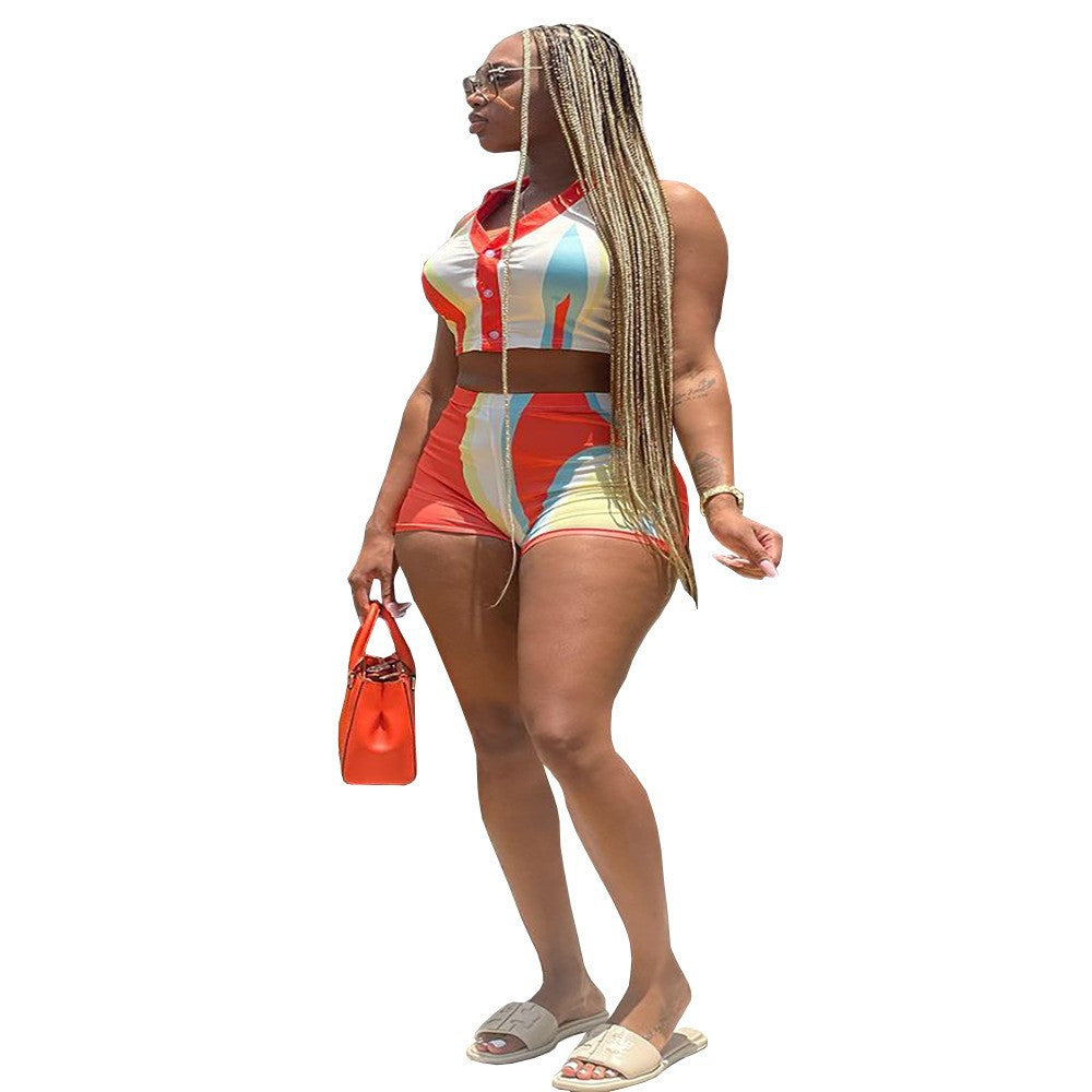 Women's Sexy Pants Set Fashion Casual Printed Sleeveless Top Elastic Waist Shorts by eprolo