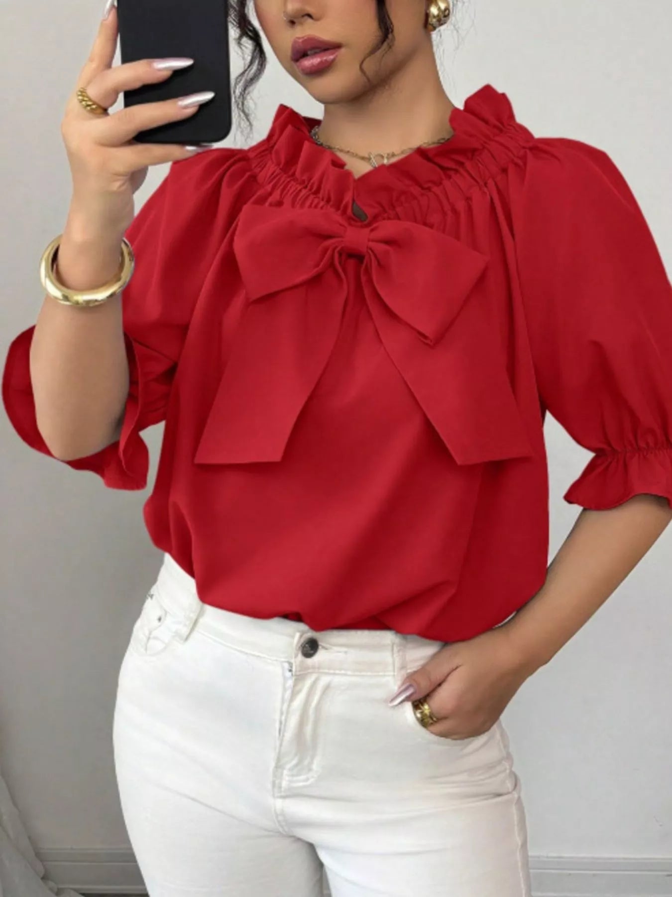 Bow Flounce Sleeve Blouse by Trendsi