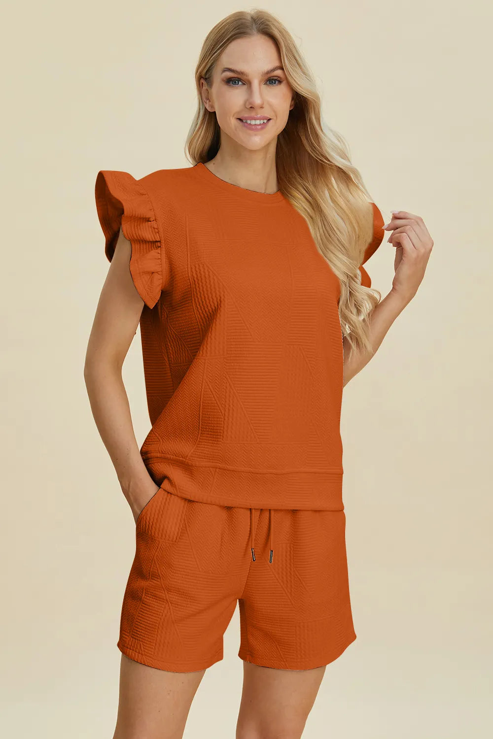 Double Take Full Size Texture Round Neck Ruffle Sleeve Top and Shorts Set by Trendsi