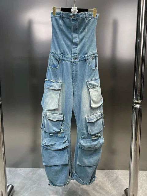 Solid Jumpsuits For Women Strapless Sleeveless High Waist Cargo Pants Summer Jumpsuit Female Fashion Clothing by eprolo