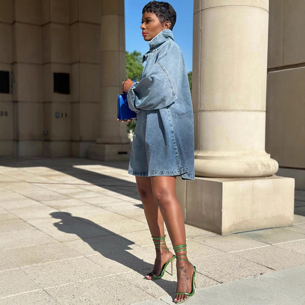 Chic Women's Loose Fit Dress with Turn-Down Collar, Gradient Color, Long Sleeve Denim Dress by eprolo