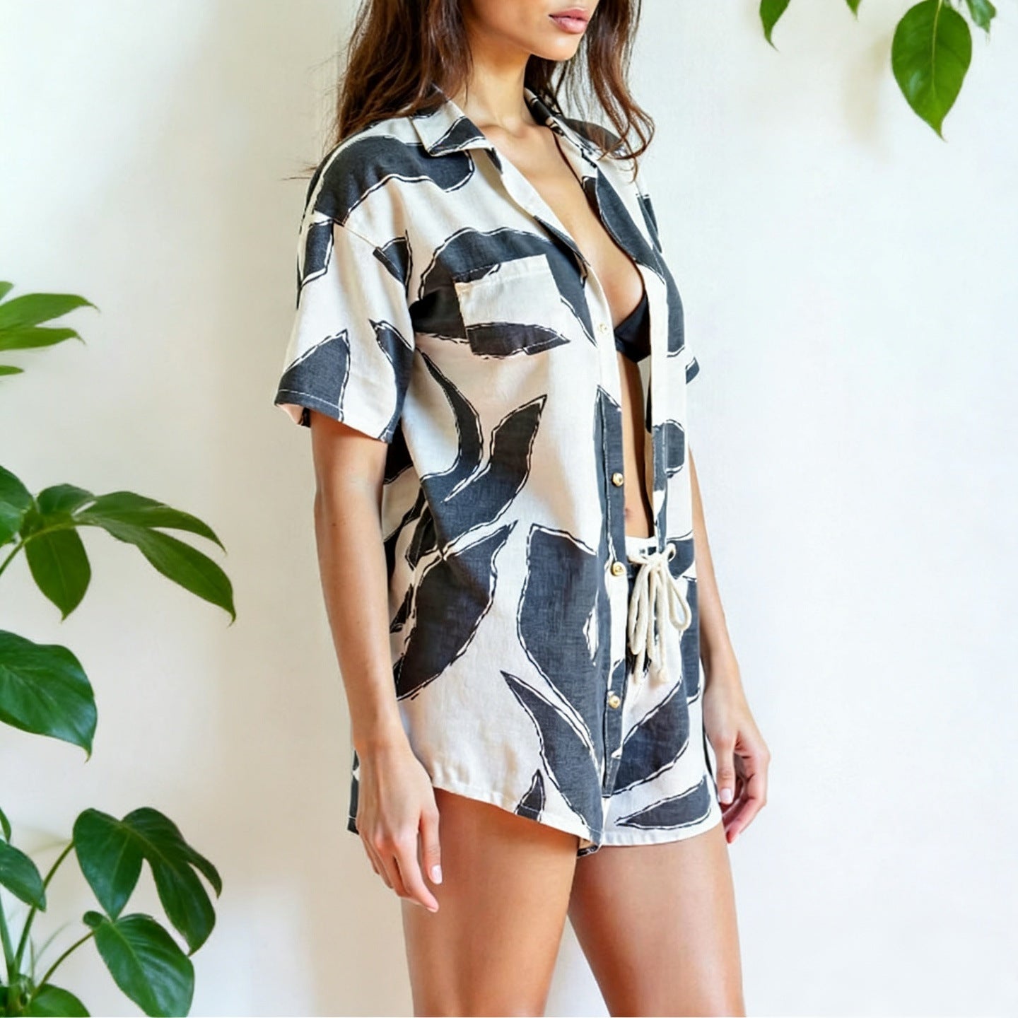 Printed Comfortable Casual Resort Shirt And Shorts Set For Women by Royal Closet