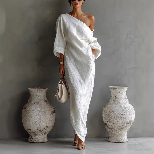 Irregular Off-shoulder Long Dress Fashion Elegant Long-sleeved Dresses Women's Beach Vacation Clothing by Royal Closet