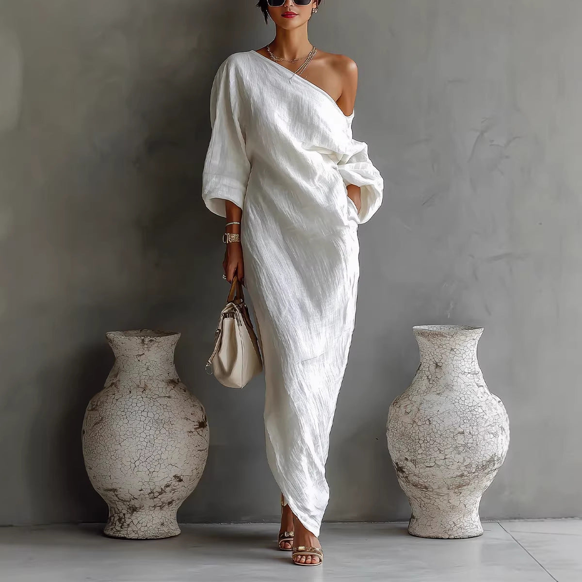 Irregular Off-shoulder Long Dress Fashion Elegant Long-sleeved Dresses Women's Beach Vacation Clothing by Royal Closet