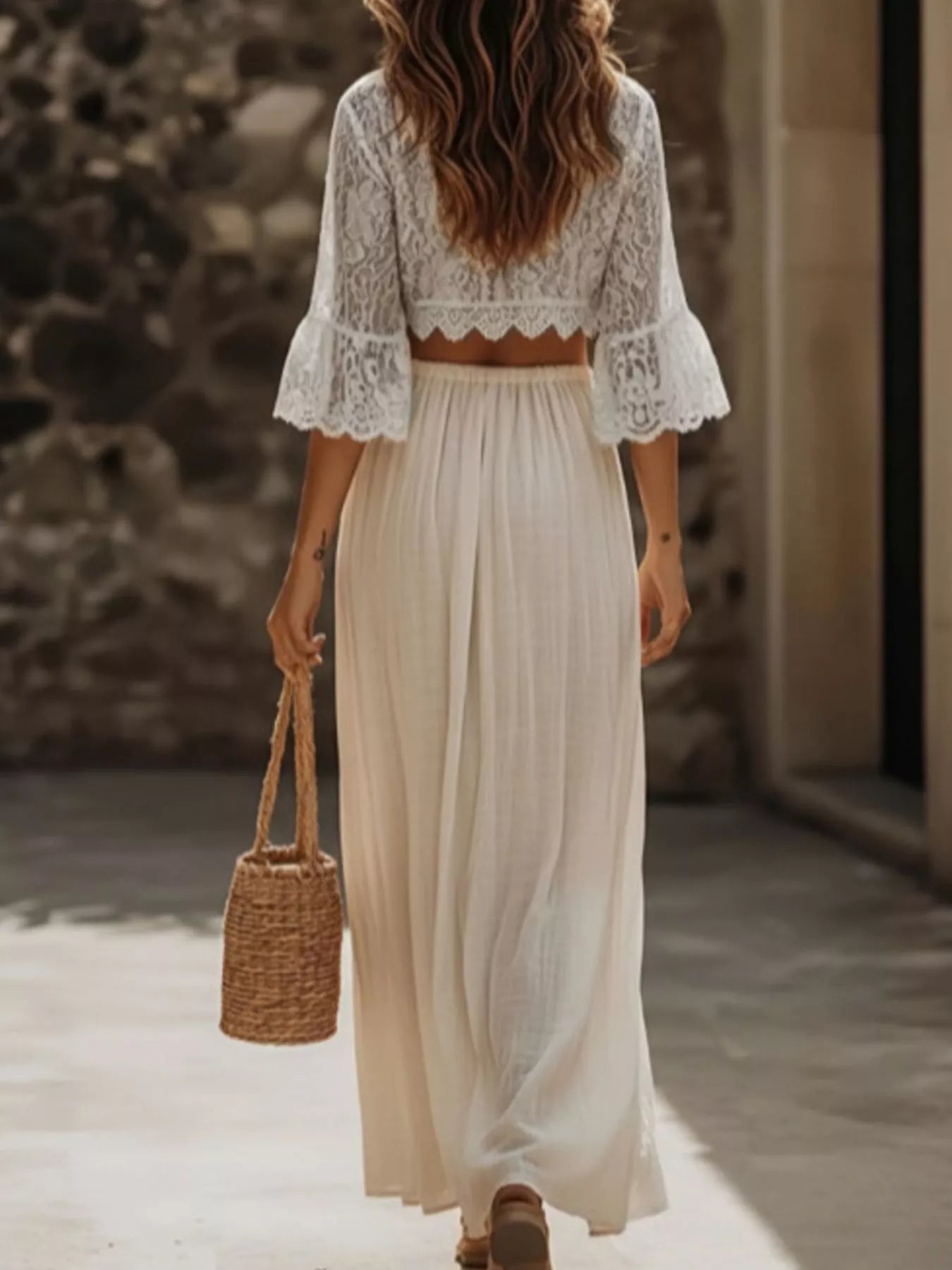 Womens Lace Crop Top and Slit Maxi Skirt Set by Trendsi