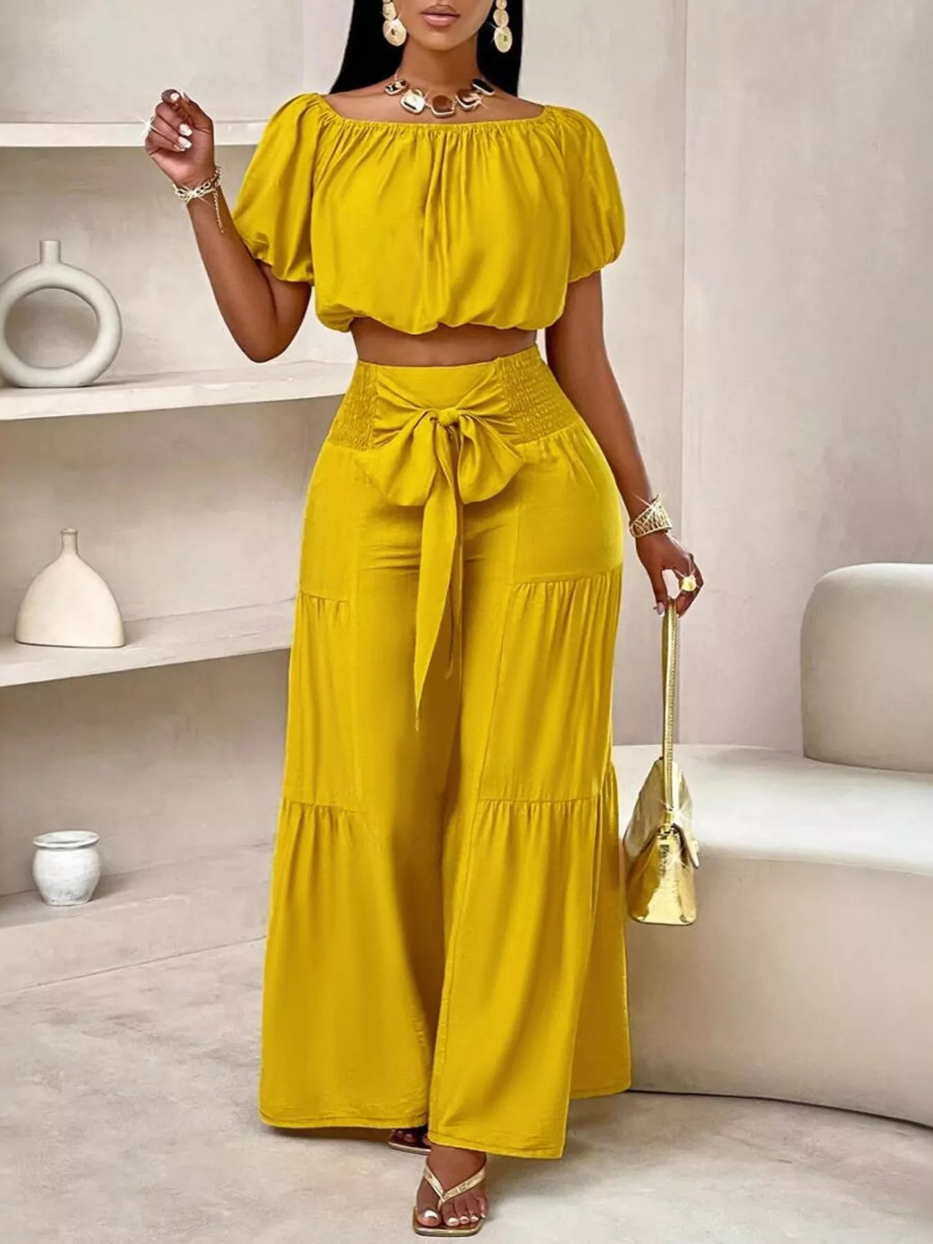 Womens Off-Shoulder Crop Top and Ruched Wide Leg Pants Set by Trendsi