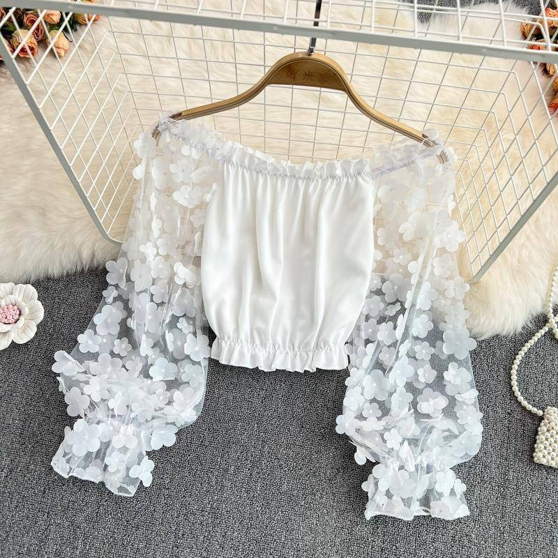 Off Shoulder Three Dimensional Flower Perspective Mesh Patchwork Chiffon Shirt for Womens Loose Waist Short Off Shoulder Top by eprolo