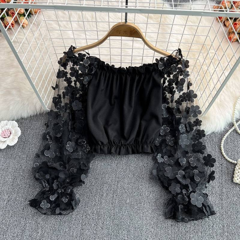 Off Shoulder Three Dimensional Flower Perspective Mesh Patchwork Chiffon Shirt for Womens Loose Waist Short Off Shoulder Top by eprolo