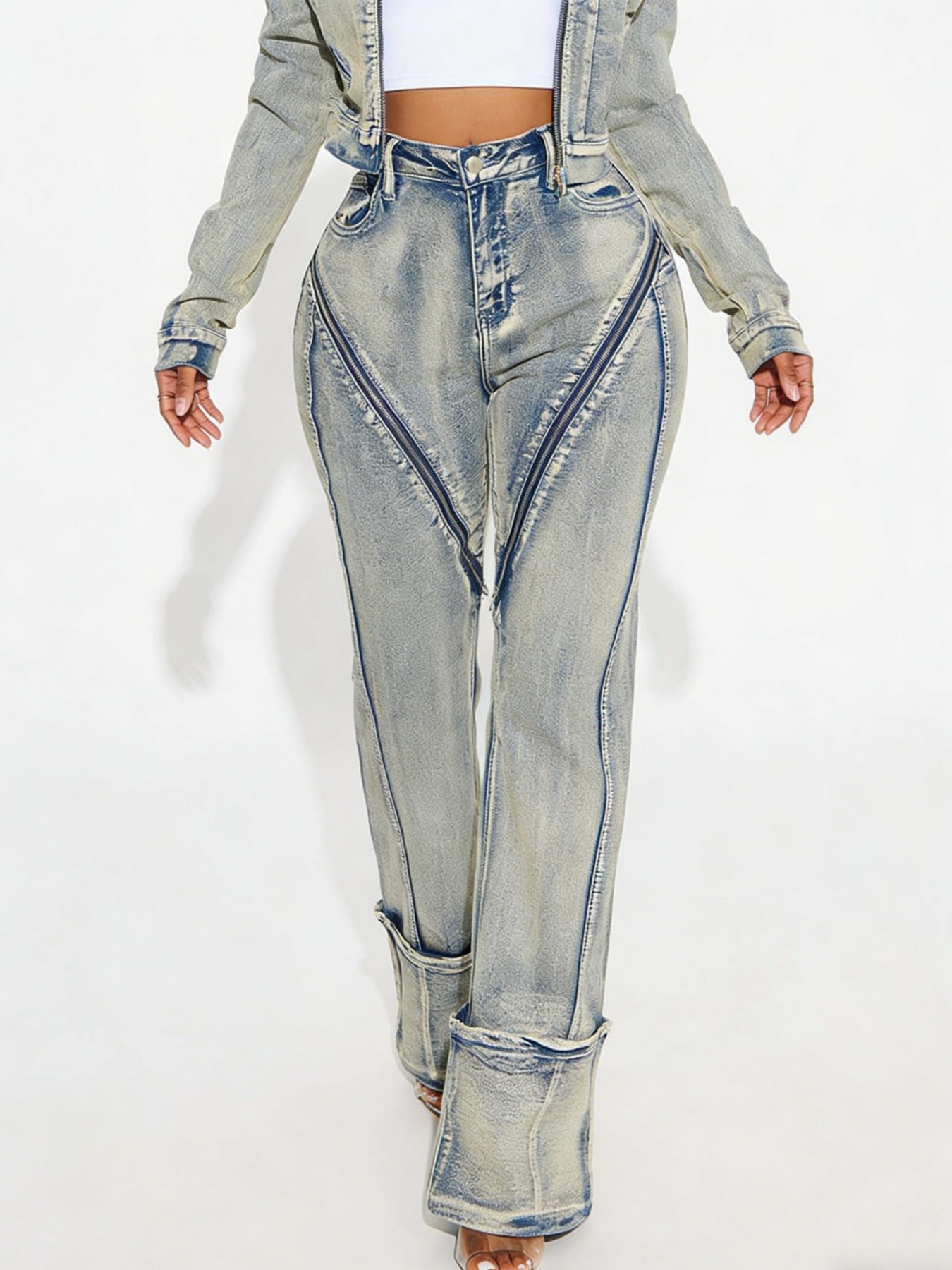 New Women's Washed Zipper Denim Jeans by Royal Closet