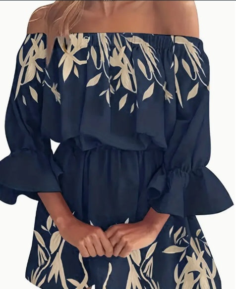 Boho Leaf Graphic Print Off Shoulder Dress, Sexy Backless Ruffle Sleeve Dress For Spring & Summer, Women's Clothing by Royal Closet