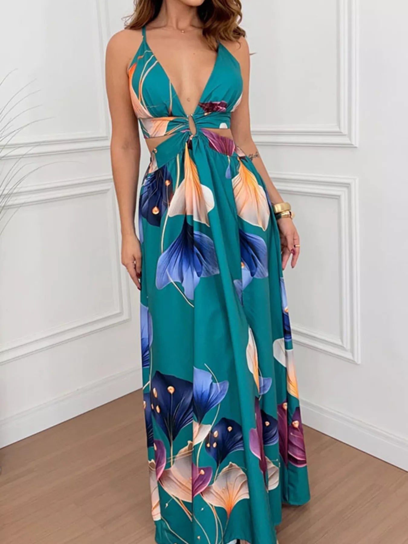 Tropical Print Plunge Cutout Slit Maxi Dress by Trendsi
