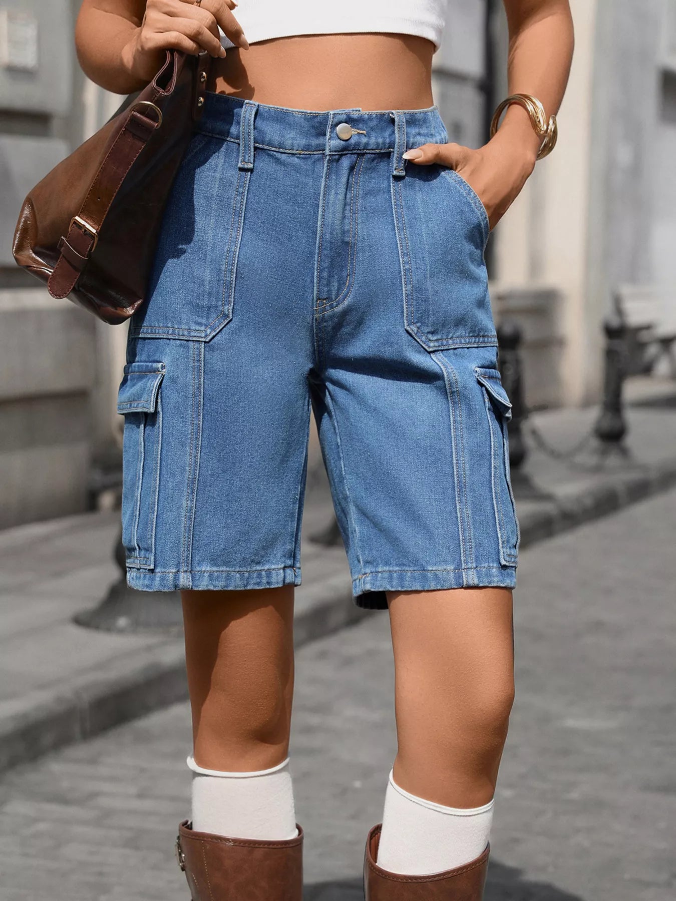 High-Waisted Wash Denim Shorts by Trendsi