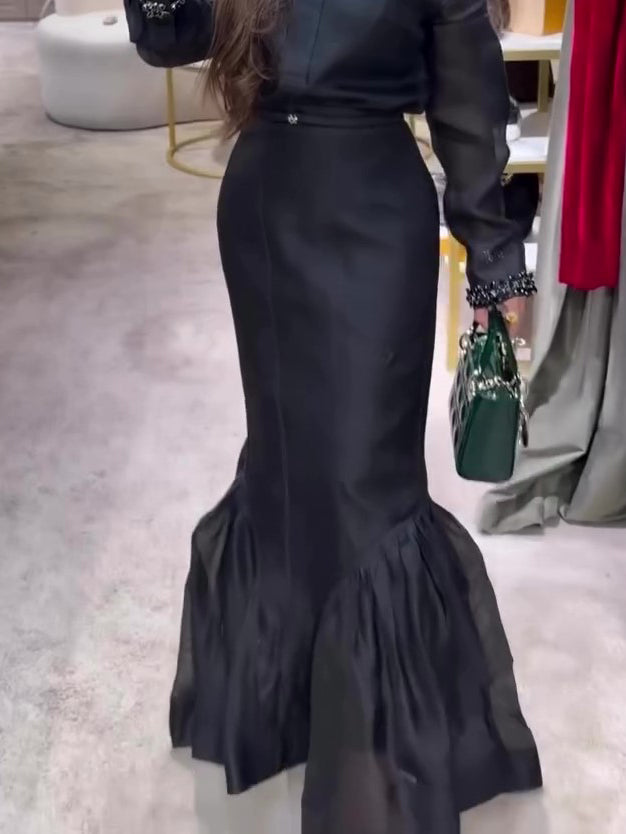 Black Structured Organza Mermaid Maxi Skirt by Royal Closet