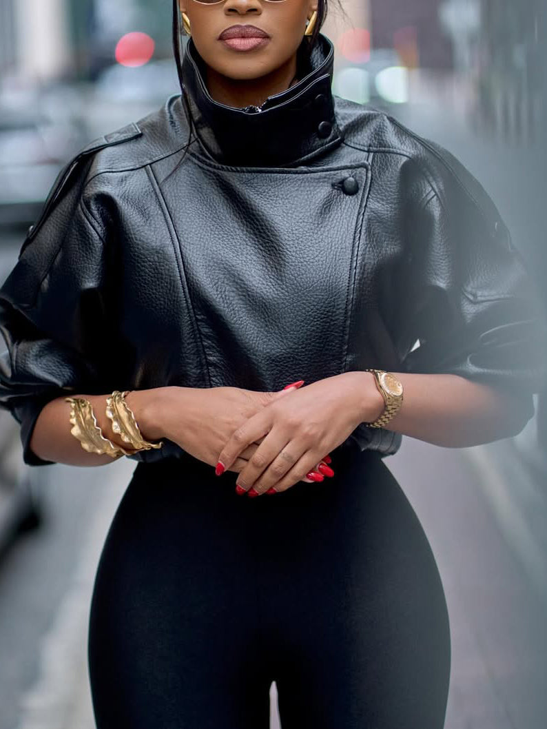 Black Lychee Grain Faux Leather Stand Collar Puff Sleeve Cropped Jacket by Royal Closet