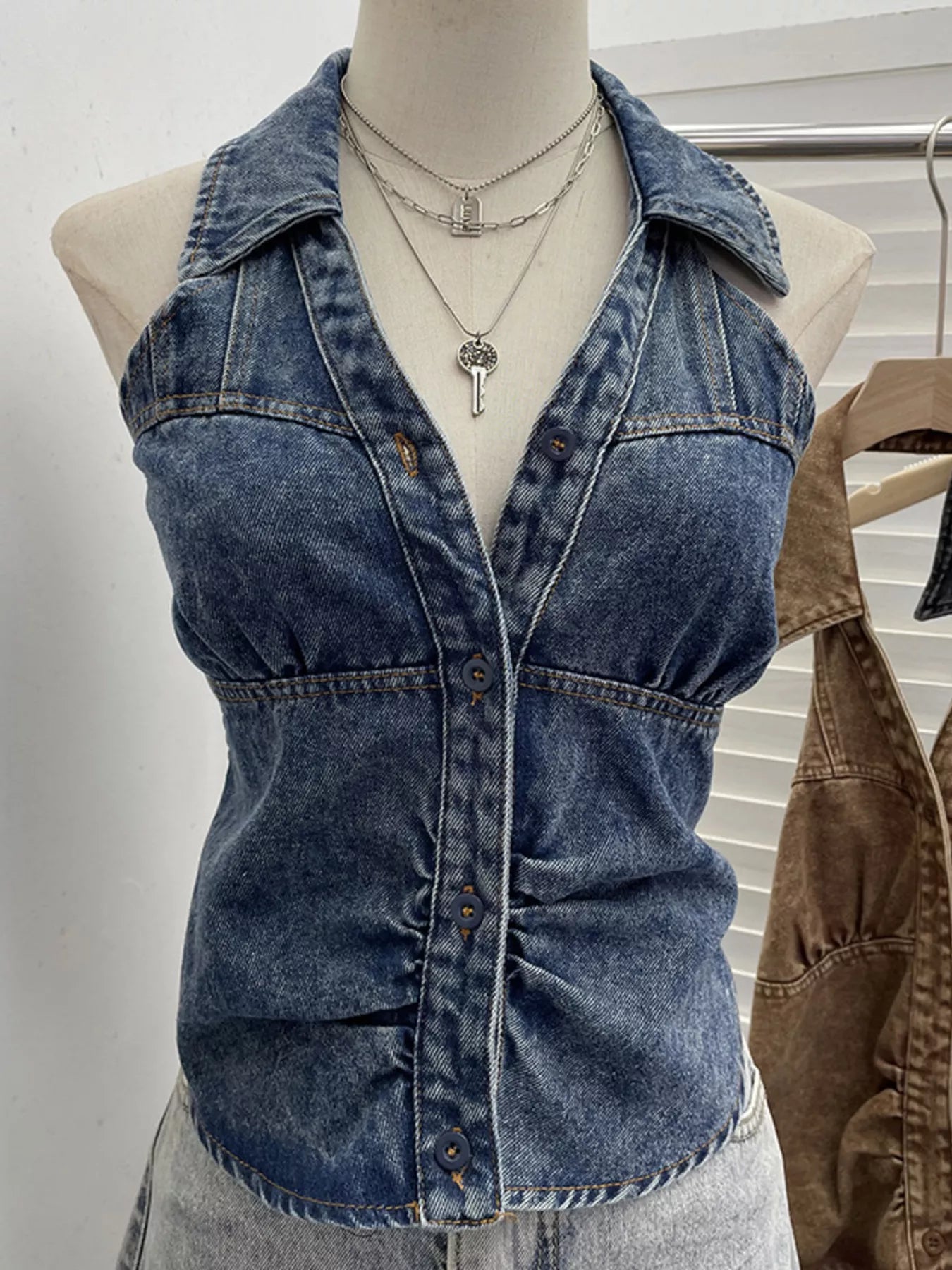 Smocked Denim Halter Collar Top by Trendsi