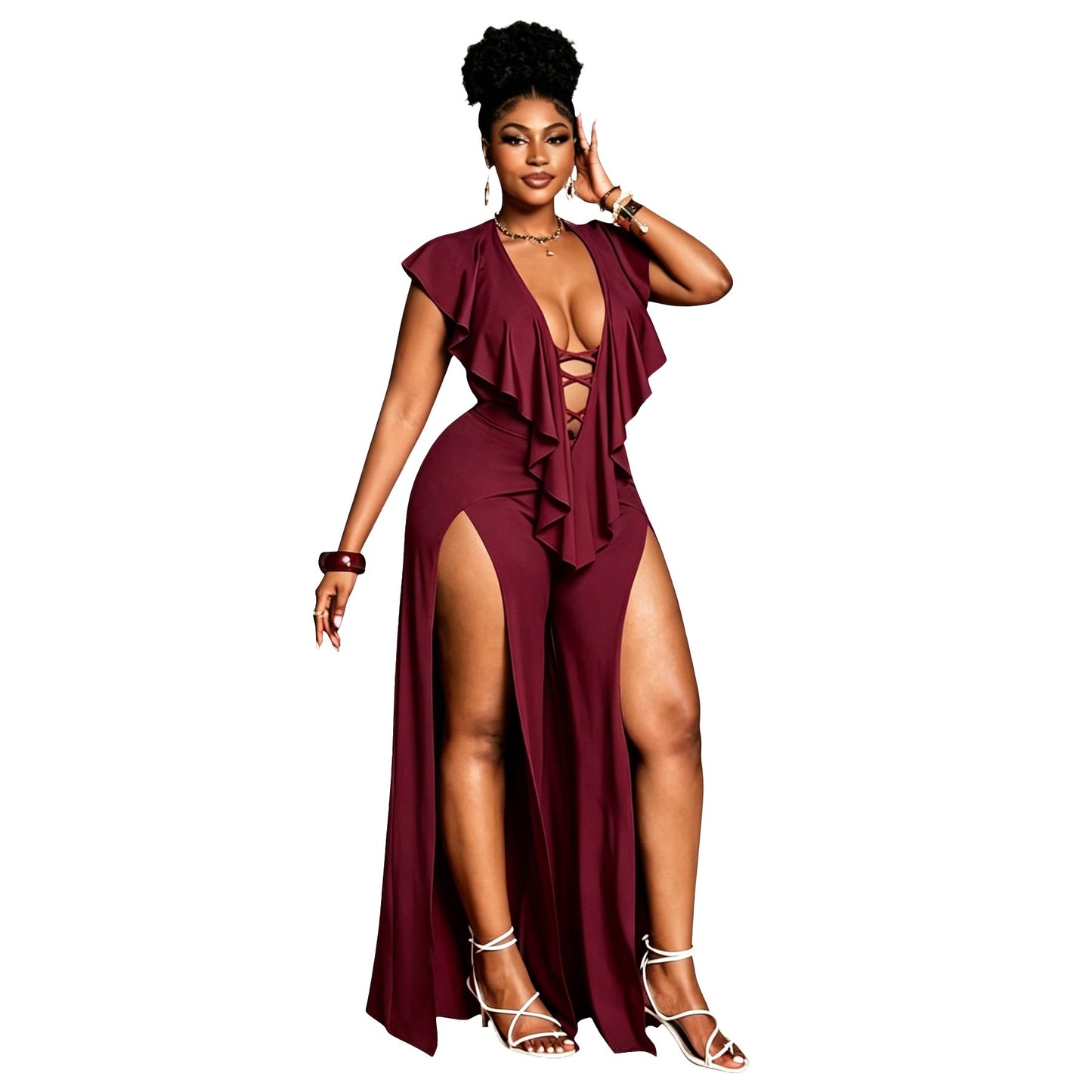 Womens Summer Ruffle-trimmed Wide-leg Split Jumpsuit by Royal Closet