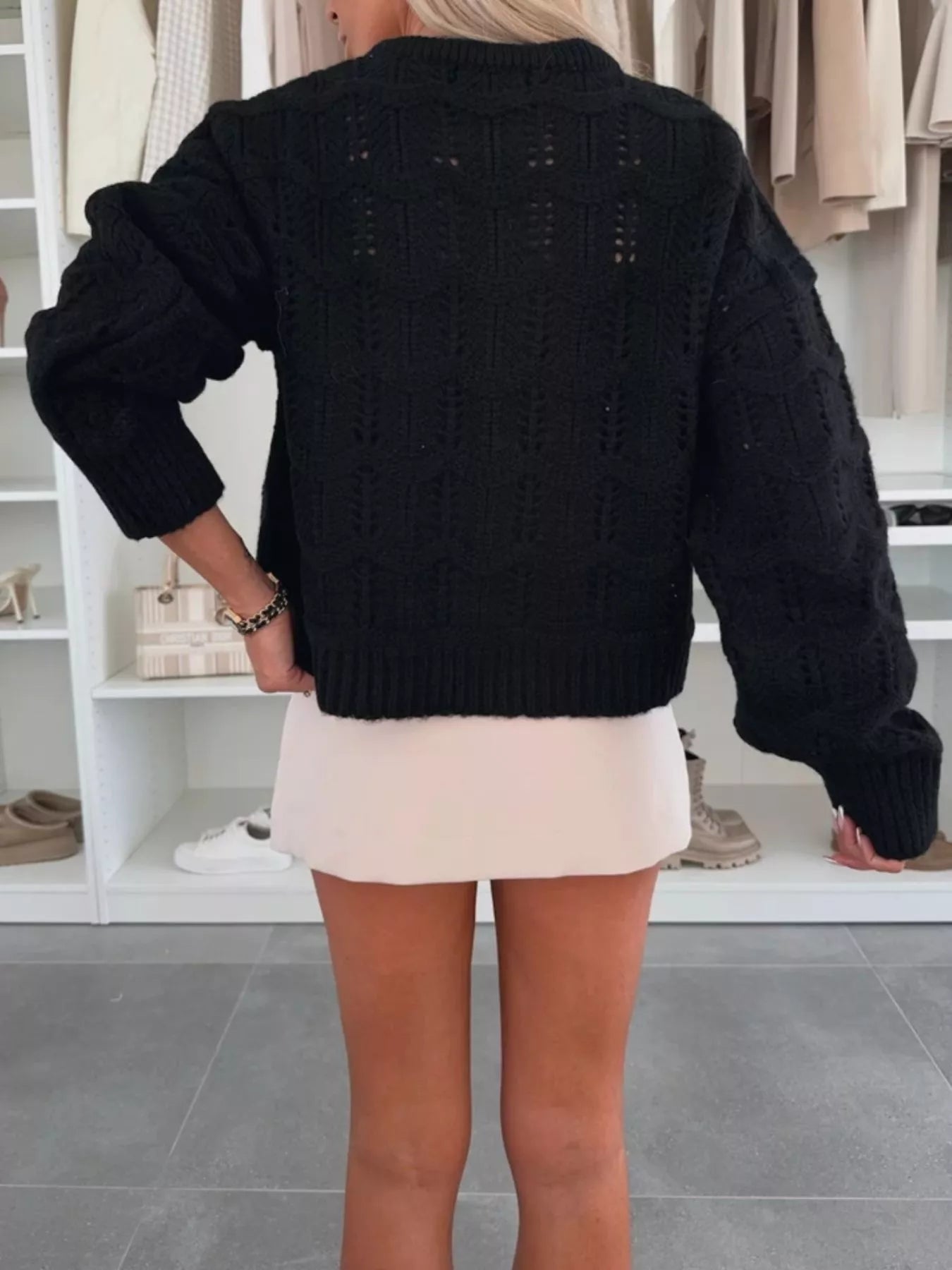 Openwork Round Neck Sweater by Trendsi